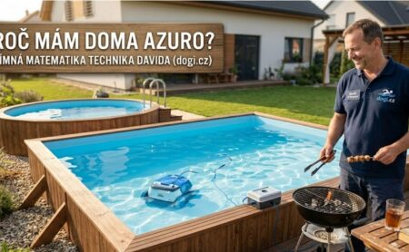Nadzemní bazén Azuro Vario s dřevěným dekorem a robotickým vysavačem Dolphin v křišťálově čisté vodě.